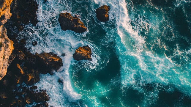 of waves crashing on rocky shores with vibrant turquoise water and foam splashing around the rocks 