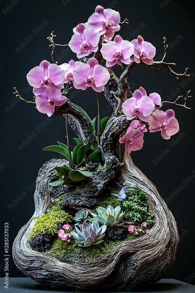 Poster charming collection of pink orchids and succulents in beautifully crafted wooden container : generat