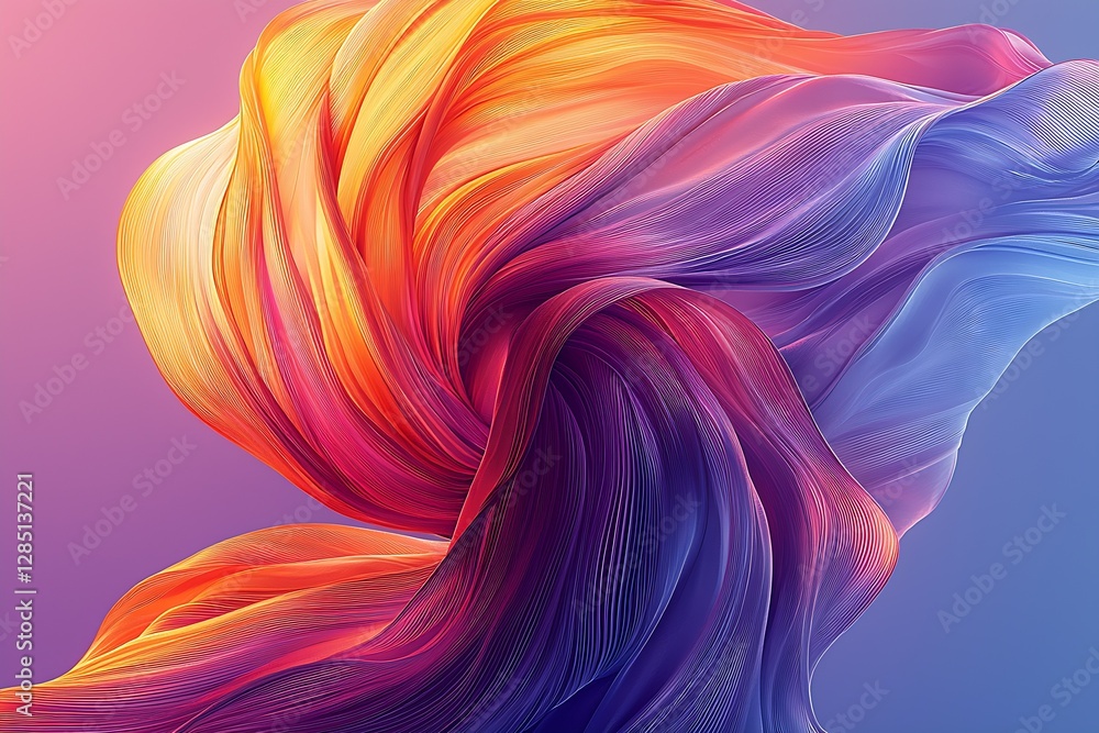 Poster dynamic swirling fabric design in vibrant colors of orange and purple showcasing artistic elegance :