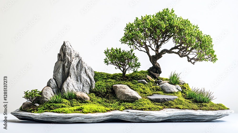 Poster Charming Bonsai Arrangement with Rocks and Green Foliage Creating a Captivating Display : Generative AI