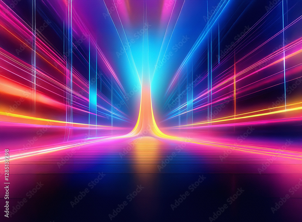 Poster vibrant abstract background with bright neon light streaks converging towards a central glowing poin