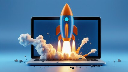 Rocket Launching from Laptop Startup Growth, Innovation, and Technology Concept