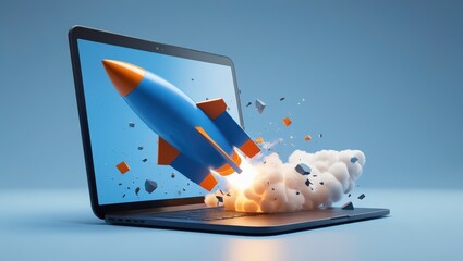 Rocket Launching from Laptop Startup Growth, Innovation, and Technology Concept