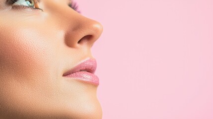Close up of Woman s Face  Beautiful Skin  Pink Background  Beauty  Cosmetics  Skincare