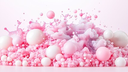 Pink and white liquid splash with spheres, abstract background,  for cosmetic ads