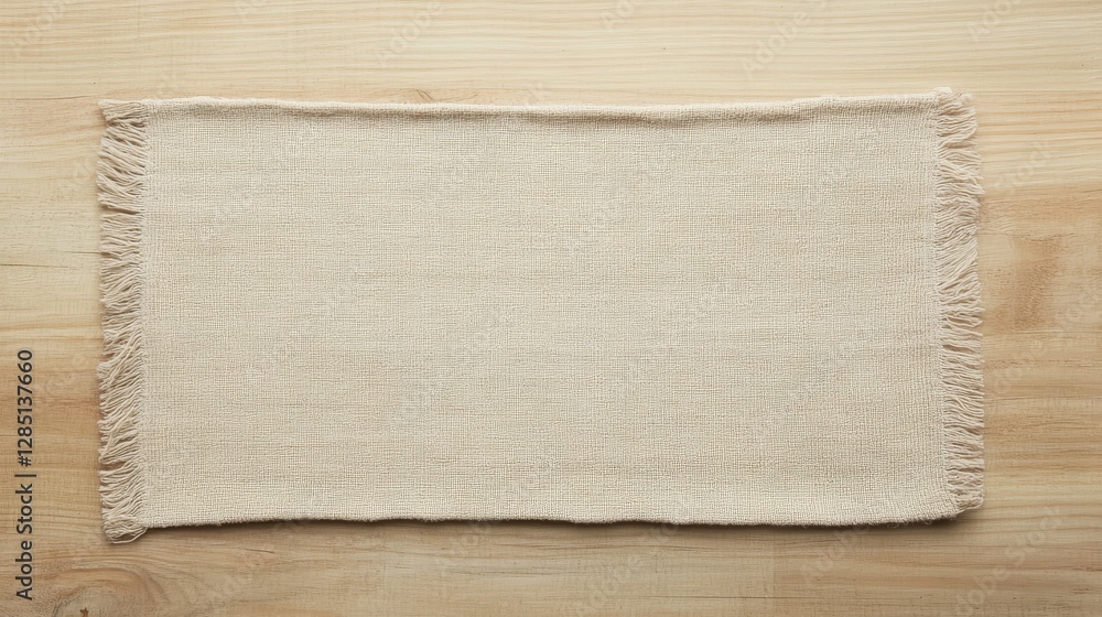 Poster beige textured fabric rectangular cloth on wooden background with fringes and soft surface