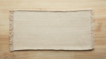 Beige Textured Fabric Rectangular Cloth on Wooden Background with Fringes and Soft Surface