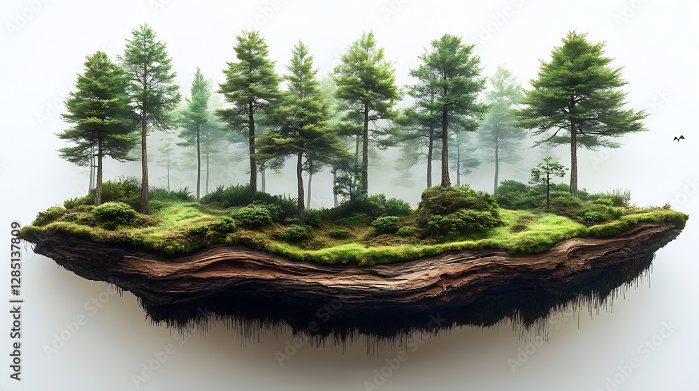 Poster Breathtaking Floating Forest Scene Surrounded by Lush Green Trees and Misty Background : Generative AI