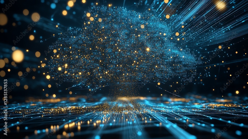 Poster Abstract data cloud tree with streams of glowing particles representing digital information in a vibrant landscape : Generative AI