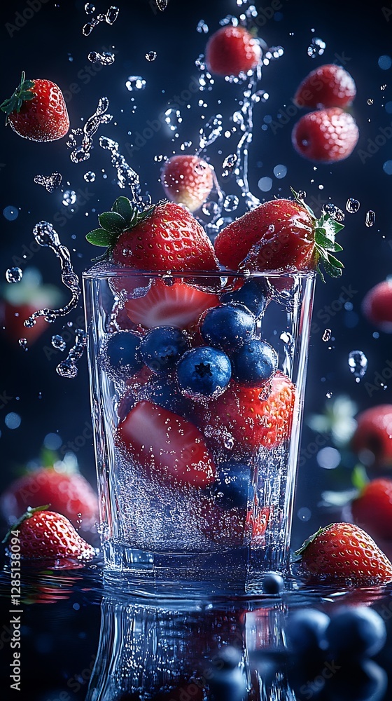 Poster Dynamic splash of fresh strawberries and blueberries in sparkling water highlighting a refreshing summer beverage experience : Generative AI