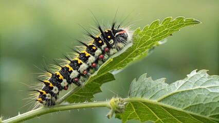 Fototapeta premium Caterpillar on Leaf: A detailed close-up of a vibrant caterpillar perched delicately on a fresh, green leaf, showcasing the intricate patterns and textures of the insect.