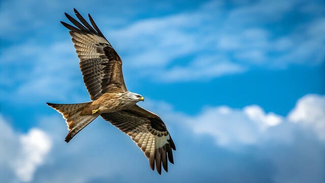 Soaring Freedom: A majestic bird of prey, the red kite, gracefully navigates the vast expanse of the clear blue sky, its wings spread wide.