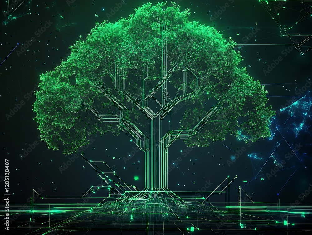 Poster Mesmerizing green tree with integrated circuits showcasing the dynamic relationship between nature and technology : Generative AI