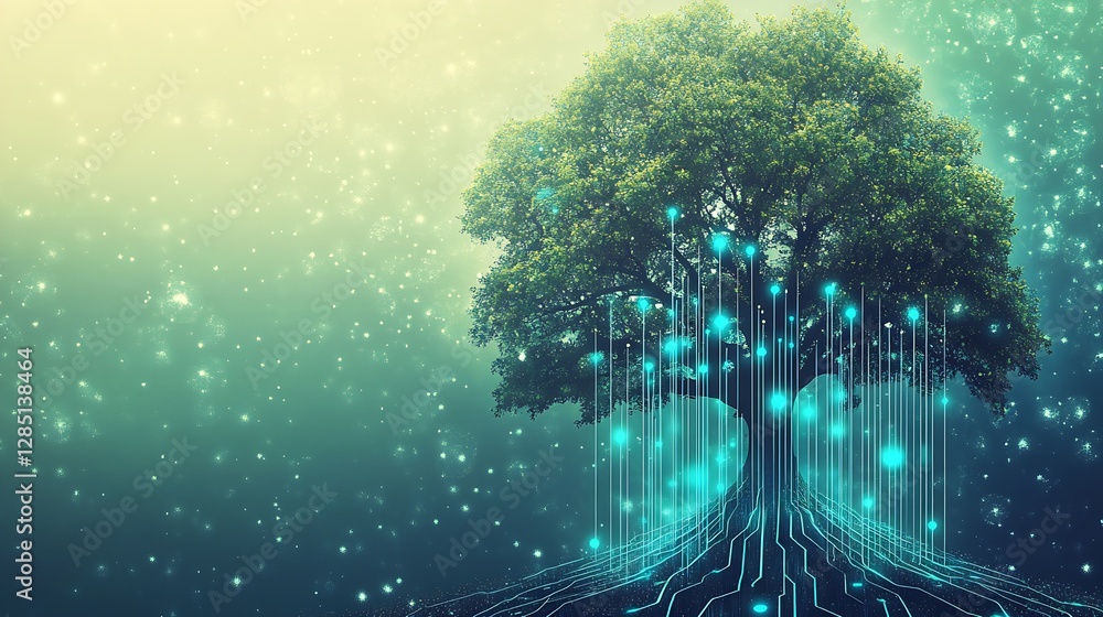 Poster digital tree with vibrant blue lights representing nature and technology fusion in a mystical settin