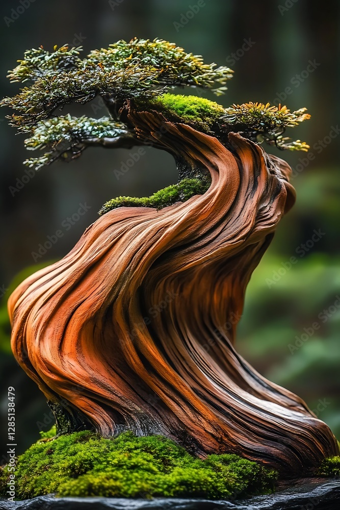 Poster Exquisite Bonsai Tree Form with Distinctive Curves and Rich Wood Texture Displayed in a Peaceful Natural Environment : Generative AI