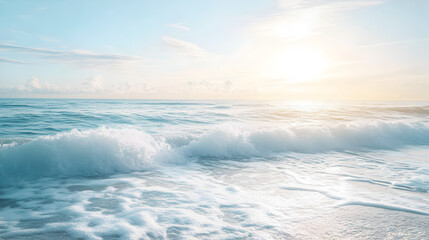 Fototapeta premium sea waves under a bright sky, with the horizon barely visible in the distance, creating a tranquil feeling 