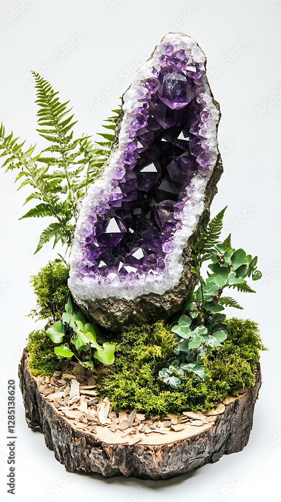 Aufkleber charming amethyst geode surrounded by elegant plants creating a natural display : generative ai
