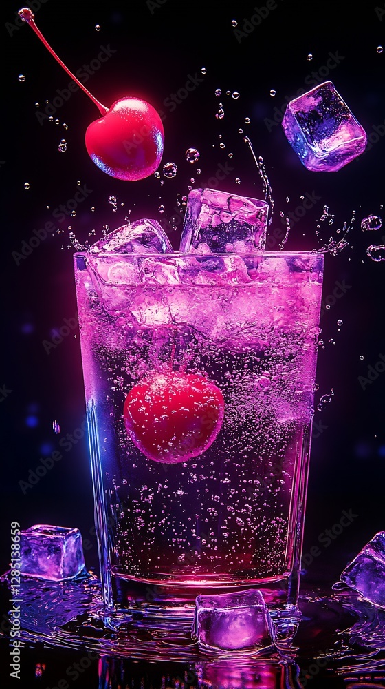 Aufkleber A high-energy splash with cherries and ice in a glass capturing a lively essence of refreshment : Generative AI