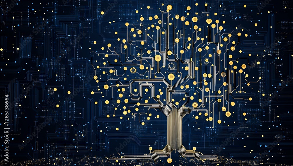 Poster Elegant digital illustration of a glowing tree formed by circuit paths representing nature and technology : Generative AI