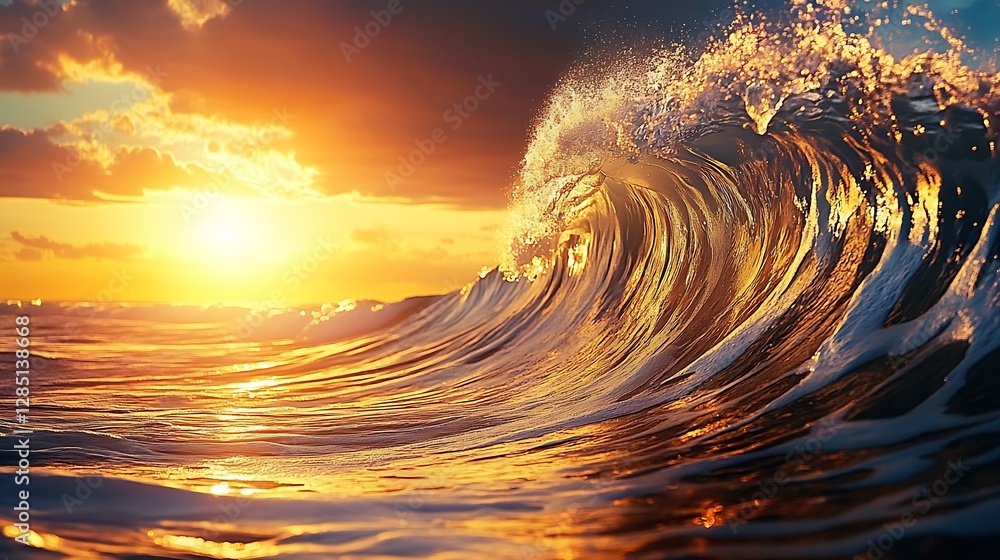 Poster dynamic wave crashing at sunset reflecting warm colors on the water surface : generative ai