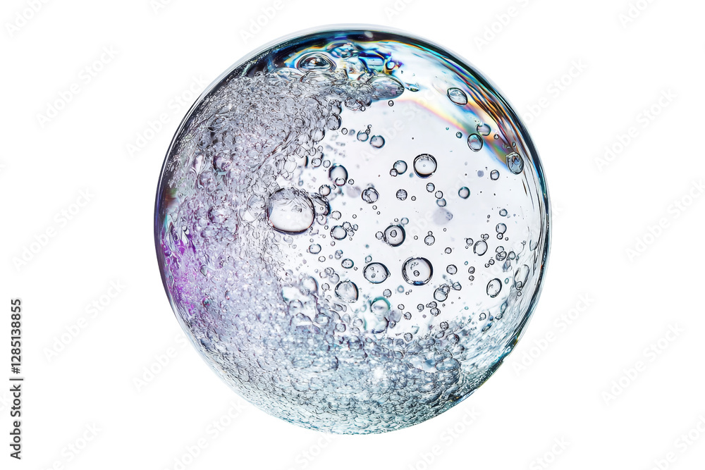 Poster clear soap bubble with floating air bubbles and colorful reflections