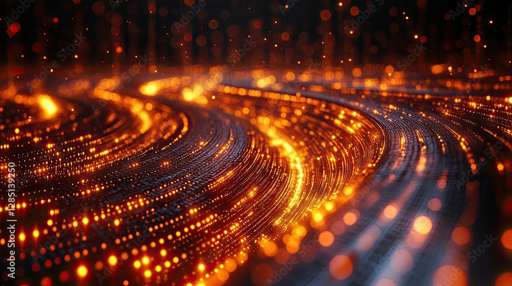 Poster glowing illuminated curved lines and dots in a dark background