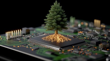 Obraz premium Sustainable Tech Tree Growing from Circuit Board