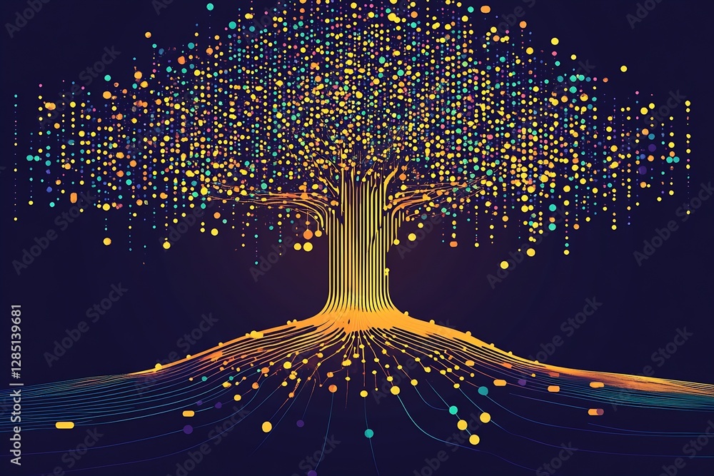 Aufkleber Colorful digital tree illustration with flowing light elements representing nature and technology : Generative AI