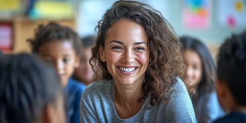 Fototapeta premium Smiling teacher interacting with elementary school students in classroom