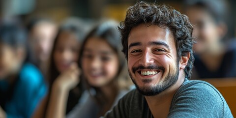 Obraz premium Smiling teacher giving lesson to students in classroom