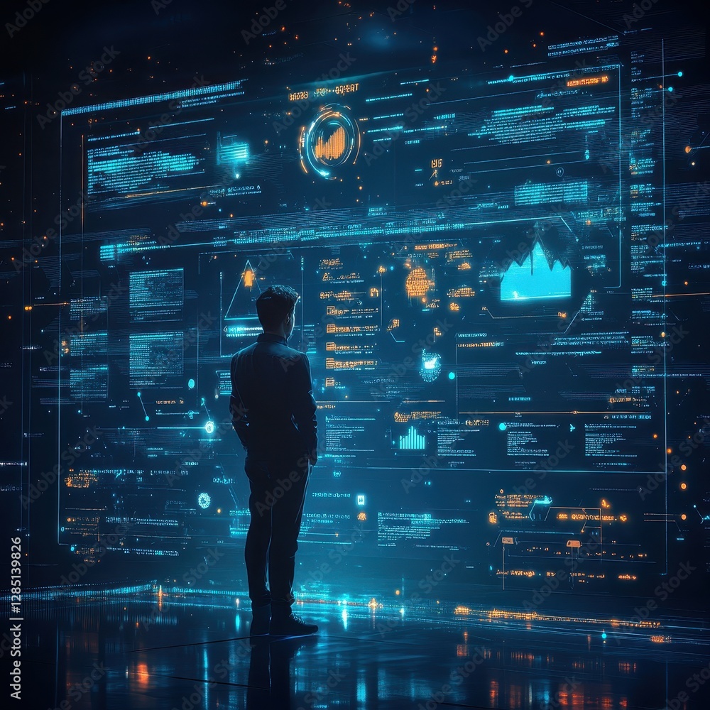 Poster a person in a suit stands before a futuristic digital interface, displaying complex data visualizati