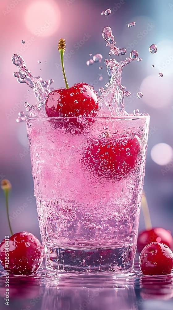 Poster invigorating glass drink showcasing cherries and sparkling water with vibrant splashes for a refresh