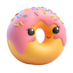 Fluffy 3D Cartoon Donut with Bright Pink Icing Isolated on Transparent Background