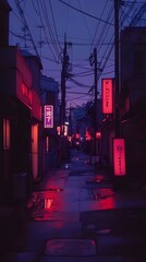 A serene urban alleyway illuminated by vibrant neon signs at dusk.
