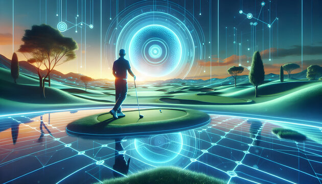 Golf Futuristic golf course with a neon-lit golfer standing near a digital water surface, reflecting a ho1