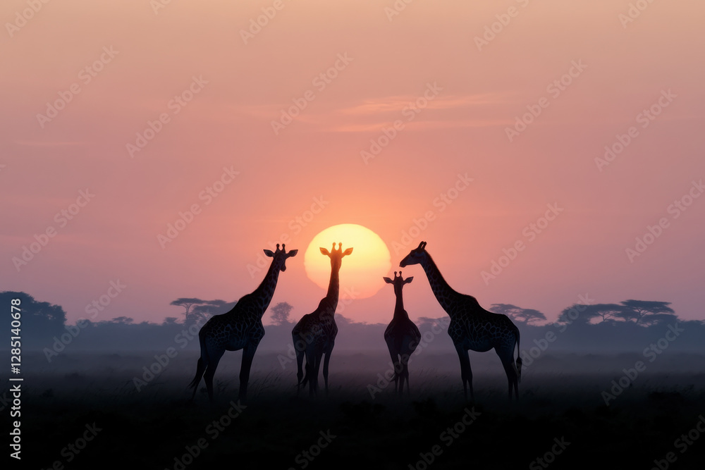 Poster a group of giraffes standing in a field with the sun setting behind them