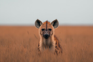 Fototapeta premium A baby hyena is standing in tall grass