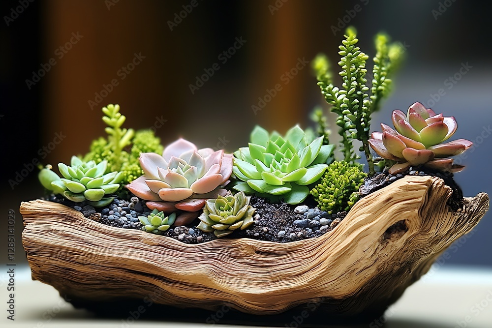 Poster beautiful succulent arrangement in a rustic wooden planter showcasing vibrant greenery and natural t