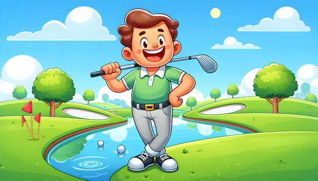 Golf Cartoon-style illustration of a cheerful golfer standing by a small lake, their reflection exaggerat2