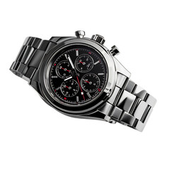 A Sleek Black Chronograph Watch with Silver Accents Isolated on Transparent Background