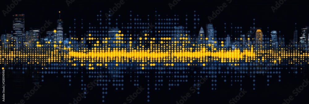 Poster dynamic visualization of sound waves overlaid on a city skyline, featuring a vibrant spectrogram wit