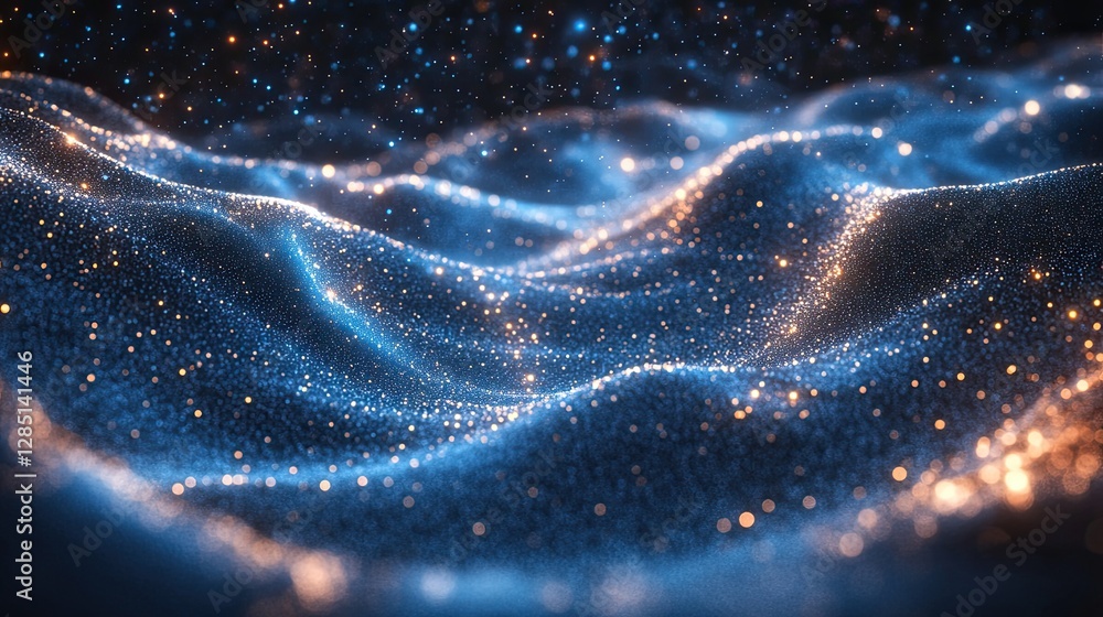 Poster glowing particles on a dark background resemble undulating celestial clouds