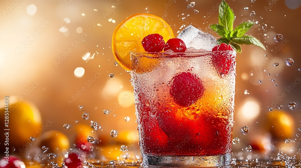 Aufkleber fizzy beverage with fresh fruits such as lemon and raspberries against a blurred backdrop : generati