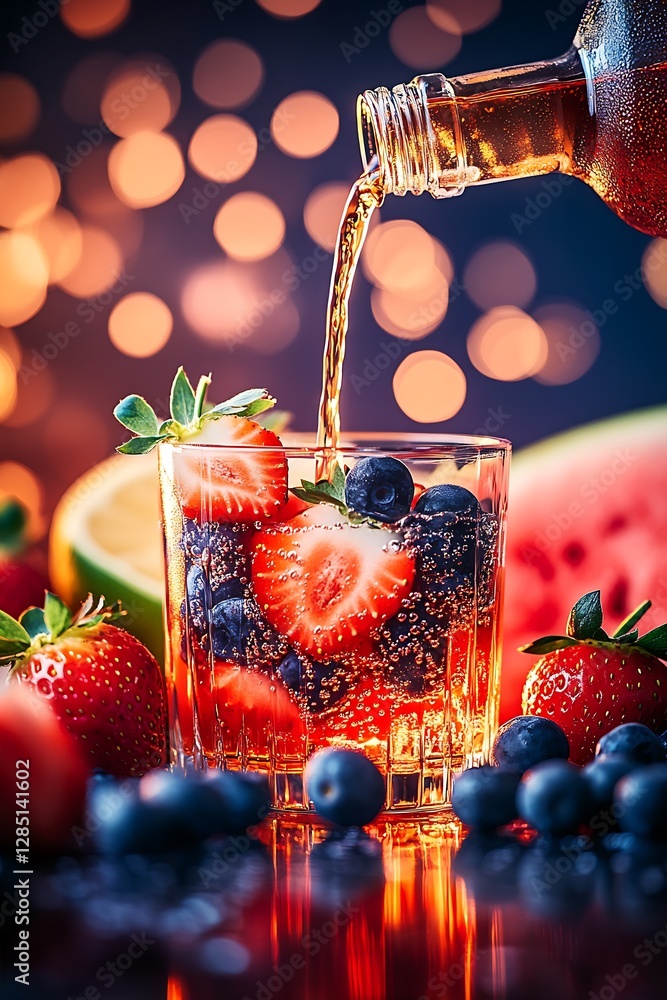 Poster Vibrant summer drink with strawberries and blueberries creating a refreshing burst of flavor : Generative AI