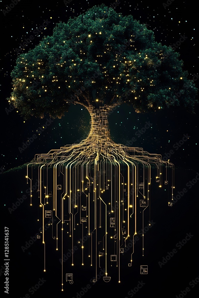 Poster Elegant Tree with Connecting Digital Lines and Radiant Roots in Space : Generative AI
