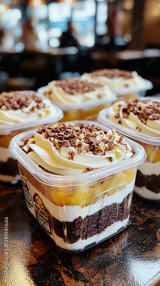 Poster aromatic layered dessert in a clear container showcasing creamy layers and a sprinkle of chocolate o