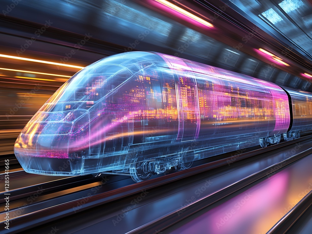 Poster futuristic transparent train speeding through a vibrant subway with city lights reflections : genera