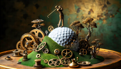 Golf A steampunk-inspired golf scene where the golf ball serves as a metallic base for a miniature green 4