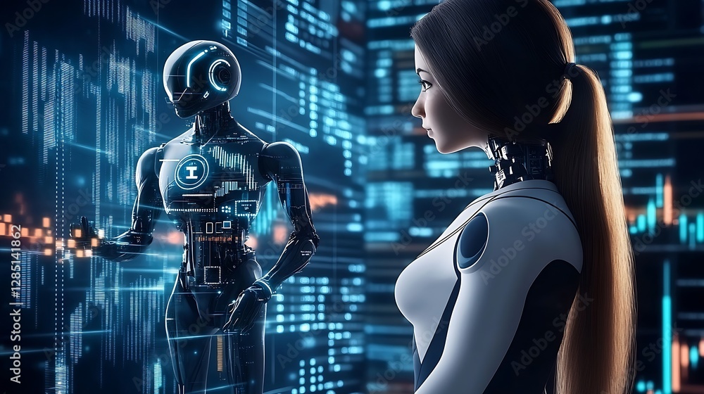 Aufkleber close-up of a female figure observing a humanoid robot in a digital environment : generative ai