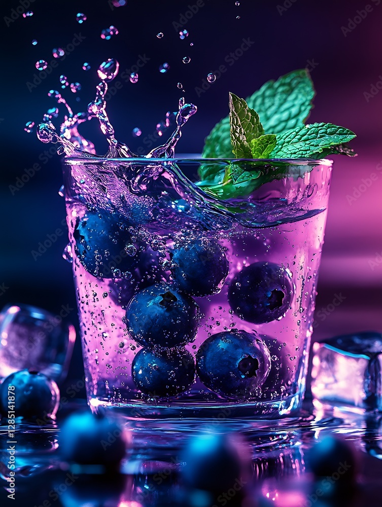 Aufkleber Stunning blueberry cocktail with mint and ice creating dynamic splashes in artistic setting : Generative AI